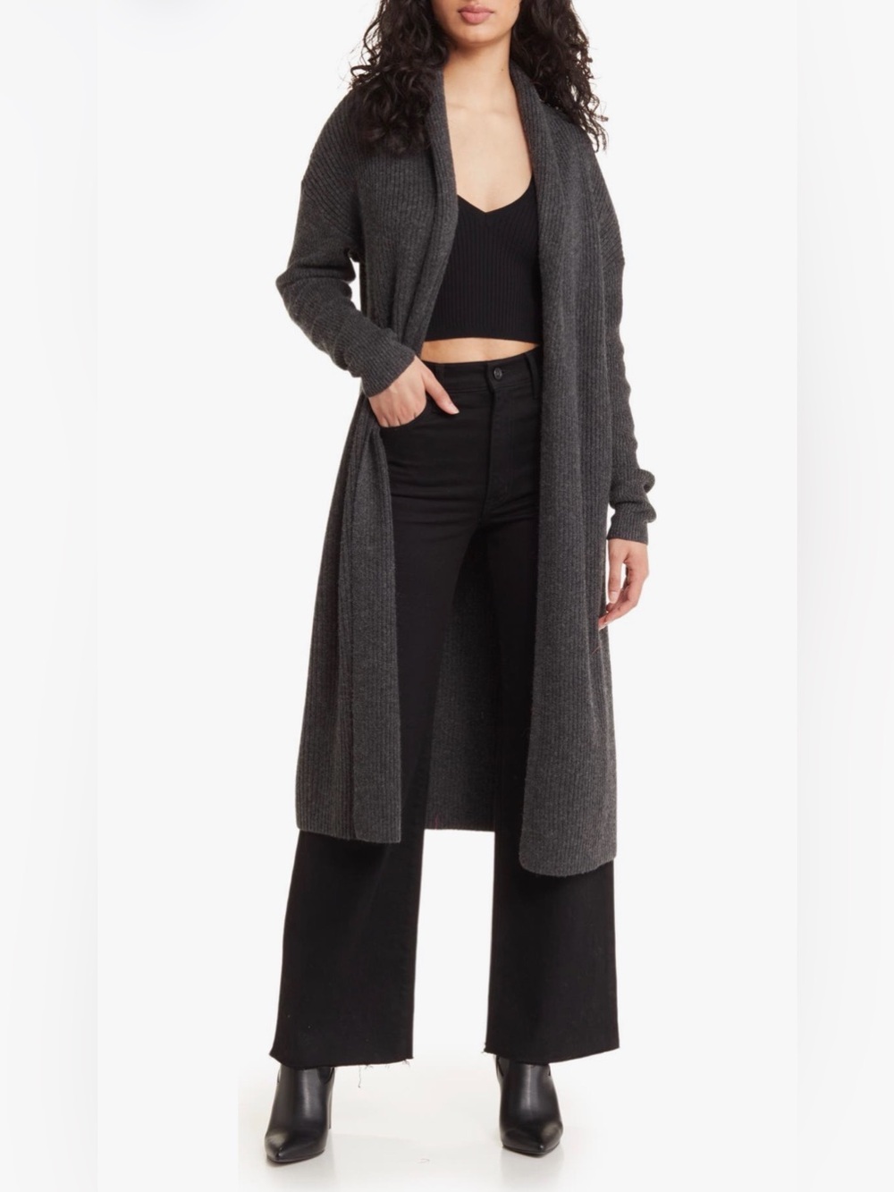 Open Edit Cozy Cotton Blend Long Open-Front Charcoal Gray Cardigan Sweater